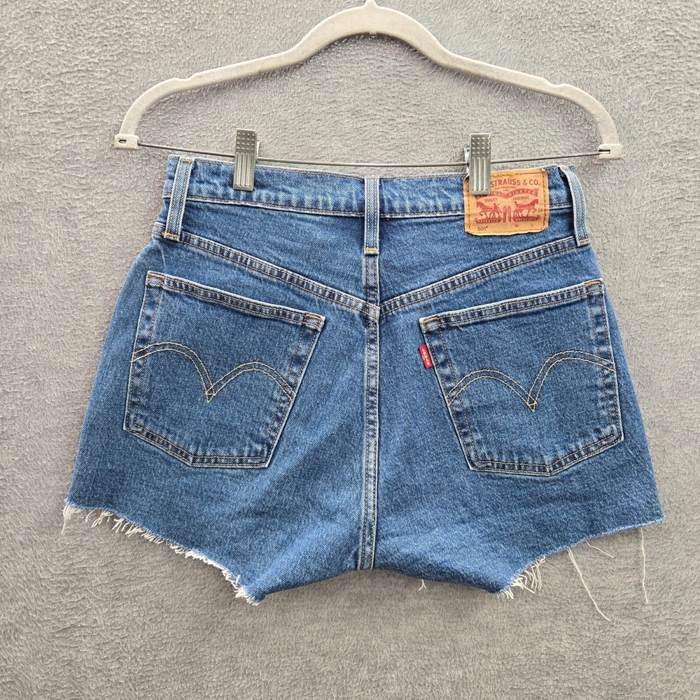Levi's 501 Shorts W26 Blue Denim Cut Off Button Fly Cotton Elastane Logo - Picture 7 of 10